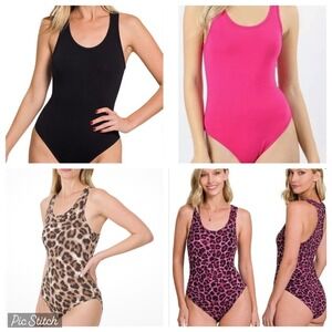 NEW Set of 5 Medium Bodysuits Zenana Solid & Leopard Tanks Soft